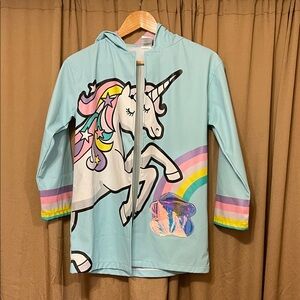 Magical 7/9 Unicorn Kids Raincoat - Light Blue Colorful Snap Close Pocket Hood